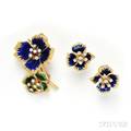 18kt Gold Enamel and Diamond Flower Brooch and Earrings