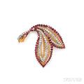18kt Gold Ruby and Diamond Leaf Brooch Van Cleef  Arpels