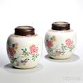 Pair of Famille Rose Porcelain Jars with Wood Covers