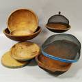 Five Turned Bowls a Trencher a Tray and Two Food Covers