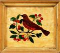 Framed Reversepainted Glass Tinsel Picture of a Bird and Berries