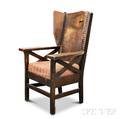 Arts and Crafts Upholstered Oak Wing Chair