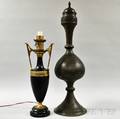 Middle Eastern Engraved and Pierced Brass Urn and a Cast Metal Lamp