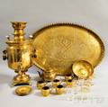 Russian Brass Samovar with Engraved Tray and Cups