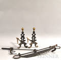 Wrought Iron Trammel a Stilliard Scale and a Pair of Andirons