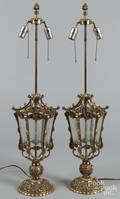 Pair of brass table lamps with etched glass panels