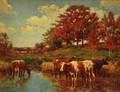 George Arthur Hays American 18541945 Cows Watering in an Autumn Landscape