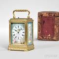 Engraved Brass and Porcelain Hour Repeating Carriage Clock