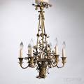 Porcelainmounted Brass Sixlight Chandelier
