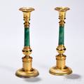Pair of Brass Gilded Silver and Jadeite Candlesticks