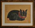 Woodblock Print Depicting a Black Cat
