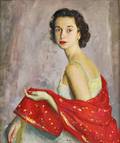American School 20th Century Portrait of Miss Adrian in a Red Silk Wrap