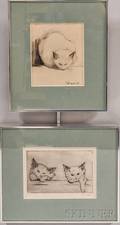 American School 20th Century Two Framed Works Depicting Cats Two Cats Peering Over a Ledge