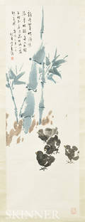 Hanging Scroll Depicting Chicks Under Bamboo