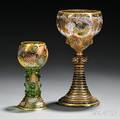 Two Mosertype Gilded and Enameled Green Glass Goblets