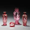 Four Pieces of Mary Gregorystyle Enameled Cranberrycolored Glass