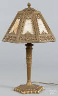 Gilt metal and slag glass table lamp