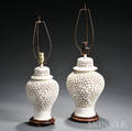 Two White Reticulated Covered Jar Lamps