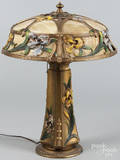 Painted white metal and slag glass table lamp