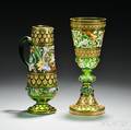 Two Mosertype Gilded and Enameled Green Glass Vessels