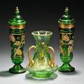 Three Bohemian Gilded Green Glass Vases