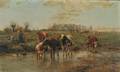 Karl Stuhlmuller German 18581930 Landscape with Peasant Family and Cattle Watering
