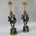 Pair of Cast Metal Figural Lamps on Marble Bases
