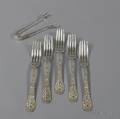 Five Gorham MediciOld Dinner Forks and a Pair of Sugar Nips