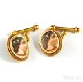 Pair of 14kt Gold Enamel and Seed Pearl Portrait Cuff Links