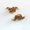 Pair of 14kt Gold Ruby and Sapphire Ribbonform Earclips