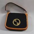 Vintage Gucci Black Canvas and Tan Leather Shoulder Bag