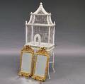 Whitepainted Birdcage on Stand and a Pair of Gilt Queen Annestyle Mirrors