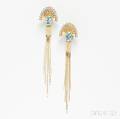 14kt Gold Blue Topaz and Diamond Earpendants Erte