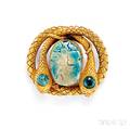 Antique Gold Faience Scarab and Zircon Brooch