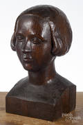 Carved oak bust of a young woman