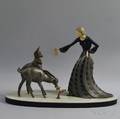 Art Deco Metal and Ivory Sculpture of a Woman Feeding Two Goats