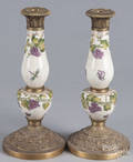 Pair of contemporary Chinese porcelain and brass candlesticks