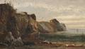 Samuel W Griggs American 18271898 In a Quiet Cove A Coastal View with Figure Vessels and Lighthouse