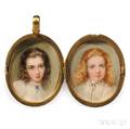 Attributed to Gerald Sinclair Hayward English 18451926 Two Portrait Miniatures of Girls in a Locket Frame