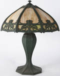 Art Noveau spelter and slag glass table lamp