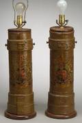 Pair of English Painted Canvas Artillery Vessel Lamp Bases