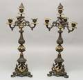 Pair of Empire Revival Patinated and Parcel Gilt Spelter Four Light Candelabra