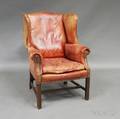 Chippendalestyle Leatherupholstered Mahogany Wing Chair