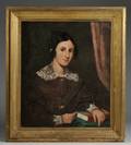 American School 19th Century Portrait of a Woman in a Brown Dress Holding a Book