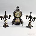French Bronze and Porcelain Clock and Garniture Set