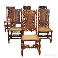 Six Carved Oak Caned Side Chairs