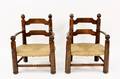 Pair of Low Turned Oak Armchairs wRush Seats
