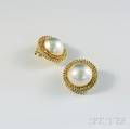 Pair of 14kt Gold Mabe Pearl and Diamond Earclips