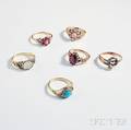Six Gold Hardstone and Gemset Antique Rings