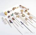 Sixteen Gold Stickpins Six Tie Pins and Two Bar Pins